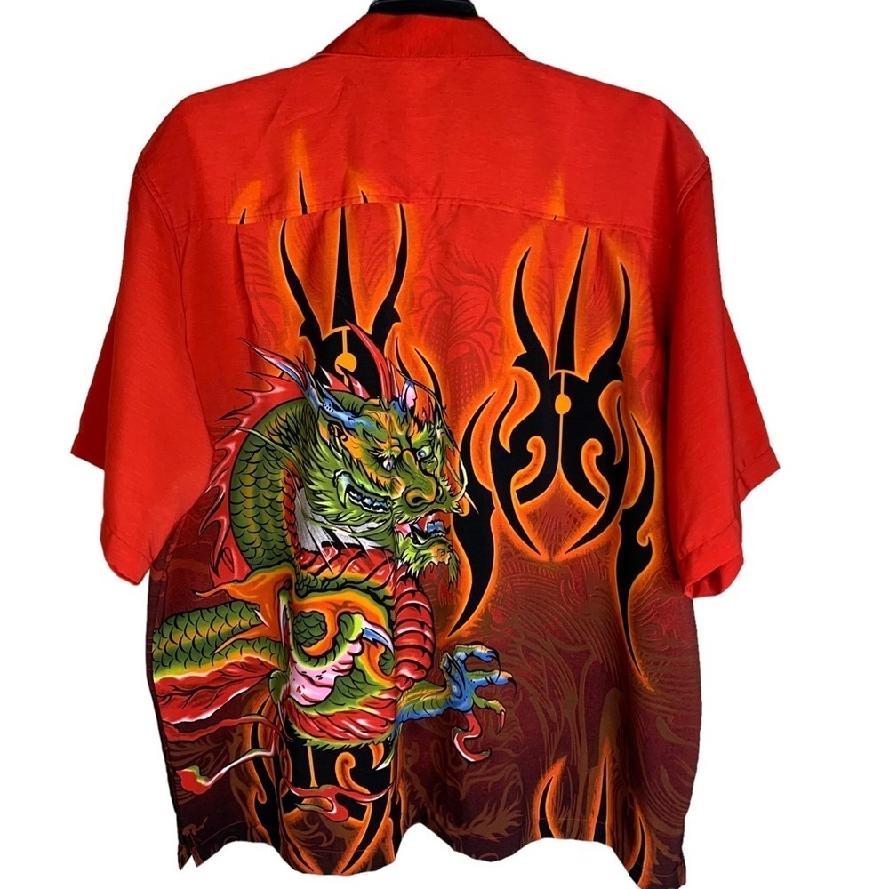 Colorful Dragon and Red Hot Flames Button Front Graphic Shirt Men’s Size 2X